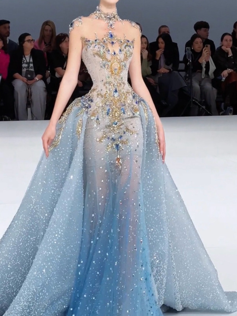 Blue Embellished Evening Gown